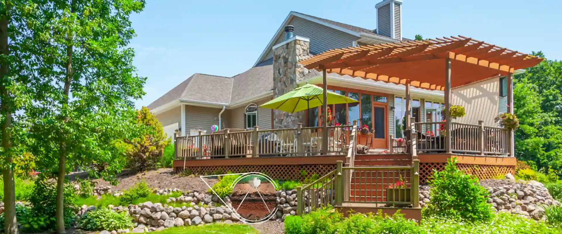 photo of a wooden deck with pergola and outdoor furniture - Deck Builders in Dane County Wisconsin